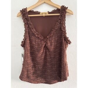 Shyanne Brown Lace Tank Top Western Boho Floral V-Neck Ruffle Sleeveless Blouse